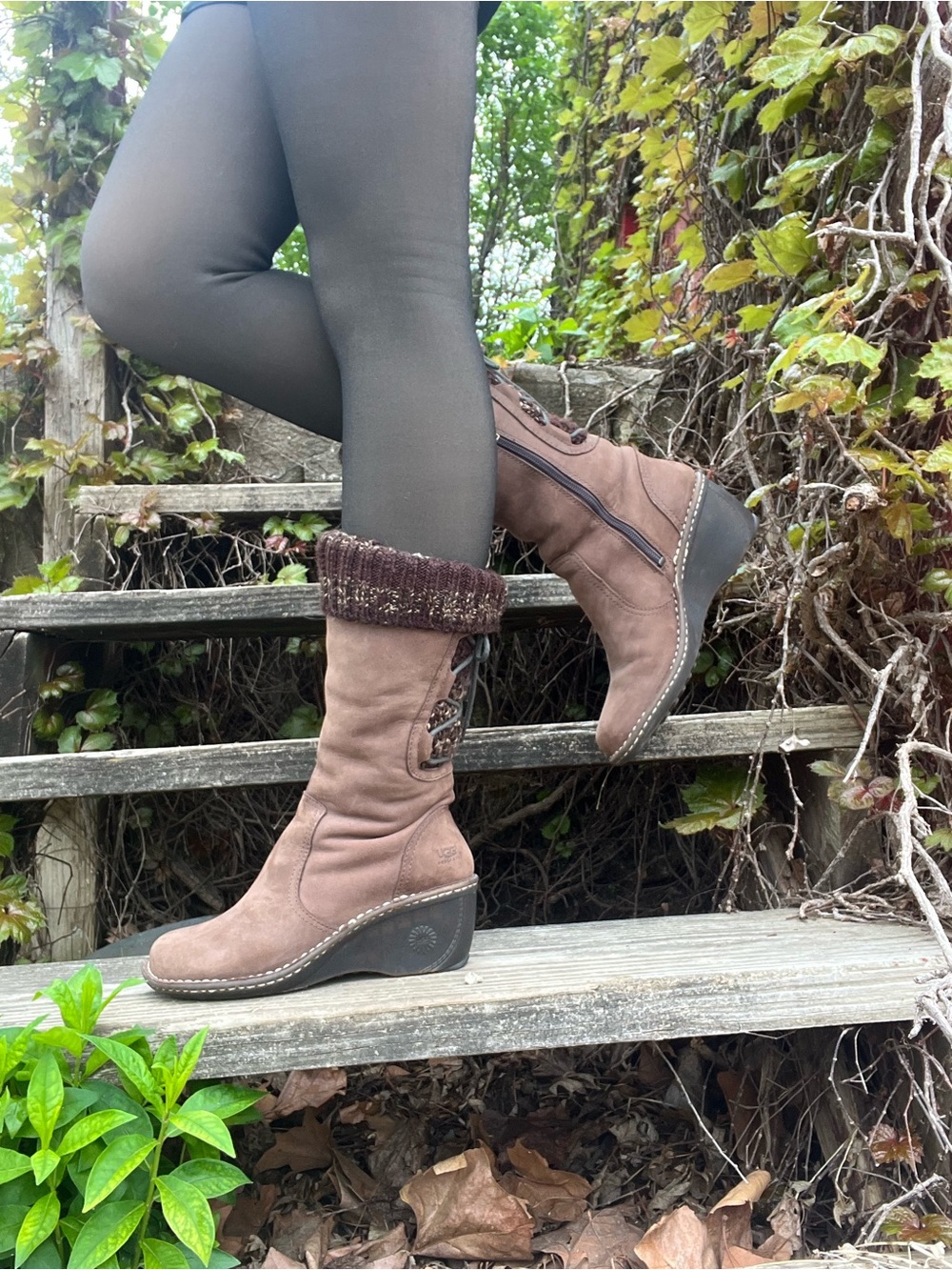 UGG Chestnut Brown Suede Mid-Calf Wedge Boots with Knit Cuff